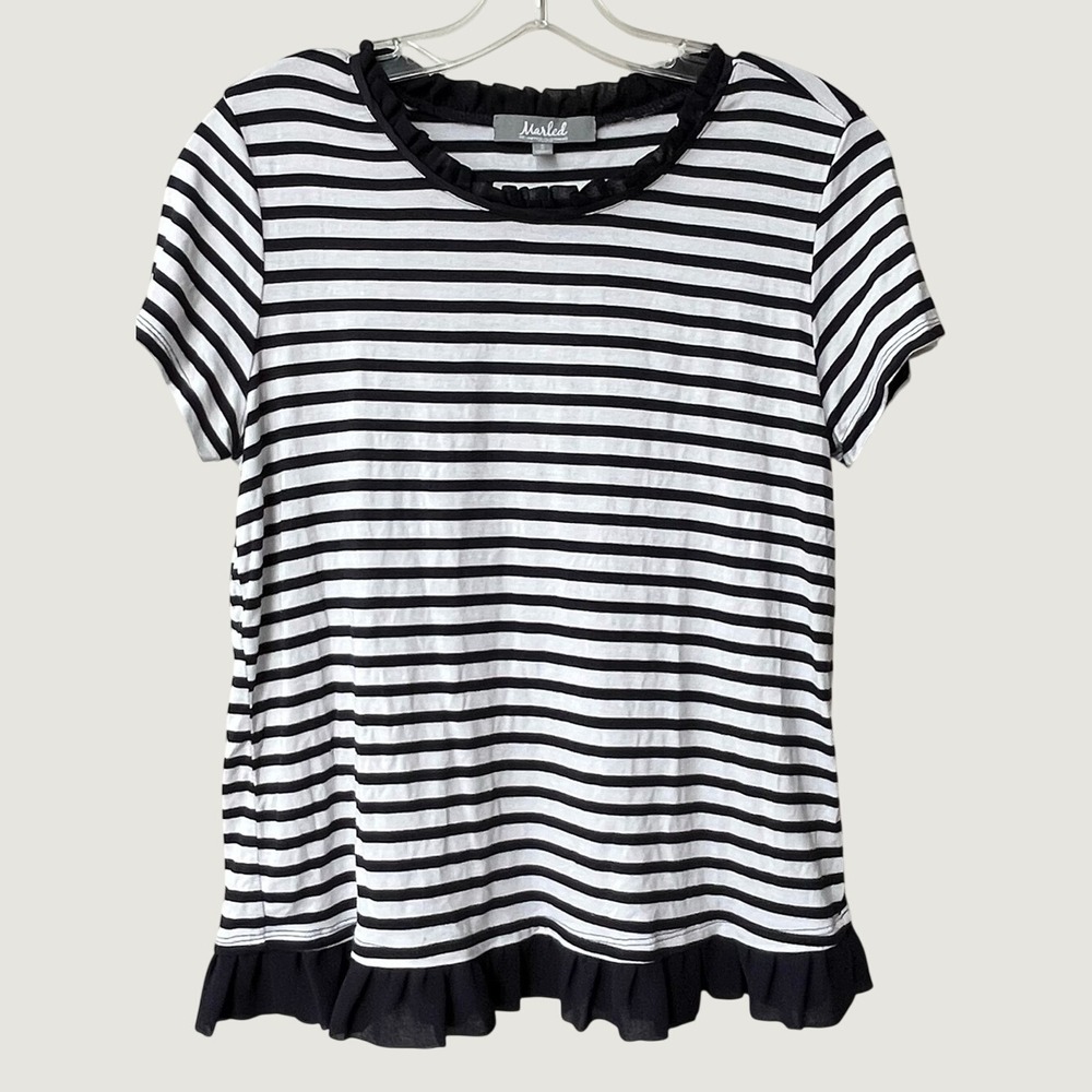 Marled Reunited Clothing Striped Ruffle Hem Top Navy Blue White Small Preppy